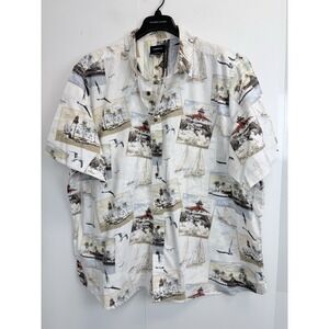 Harbor Bay Shirt Mens 2XL Post Card Print Hawaiian Vacation Wear Cotton Nautical